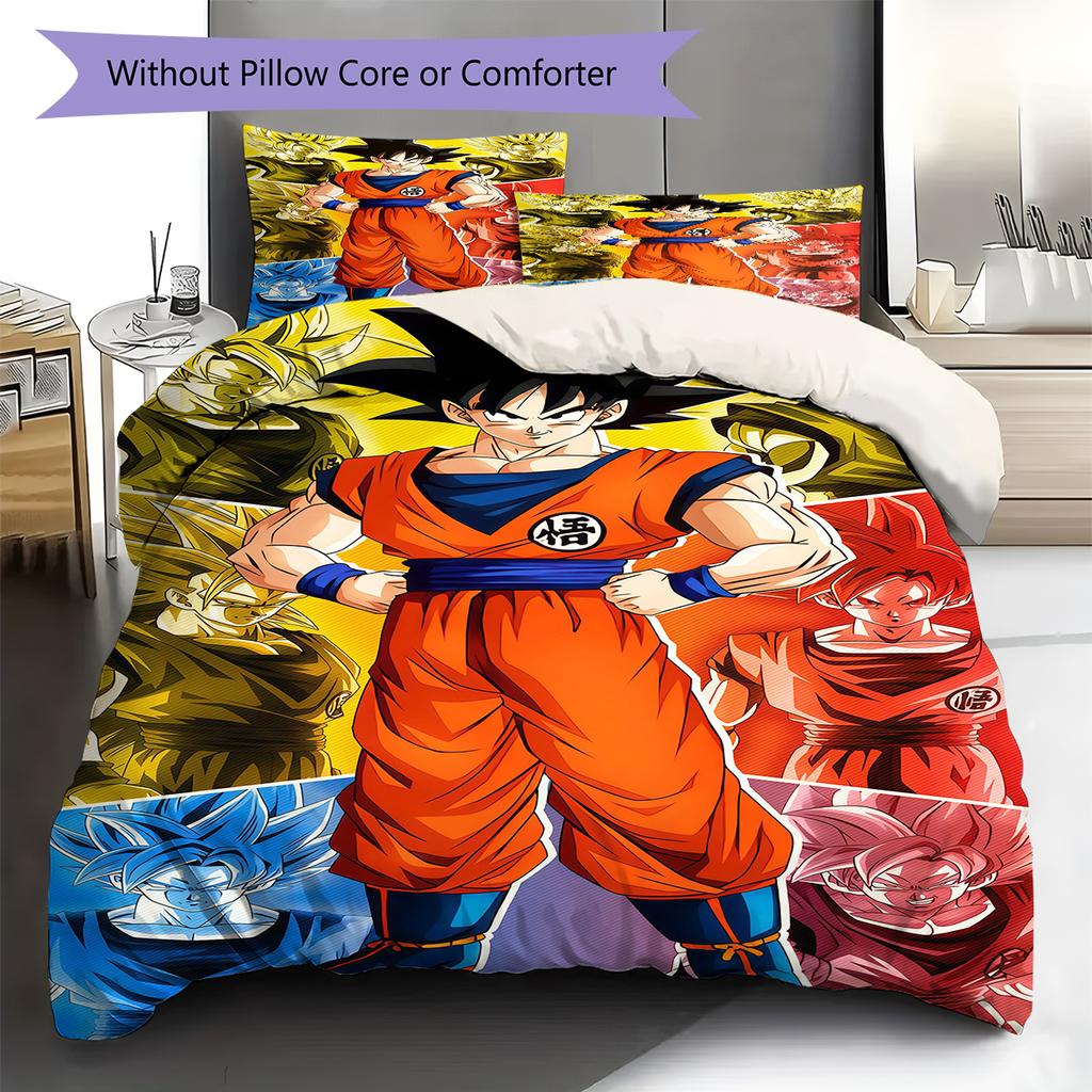 Sängkläder med Son Goku-mönster, Täcke Set Täckeöverdrag Örngott Hem Födelsedagspresent (1 * påslakan + 2 * örngott, utan kärna)