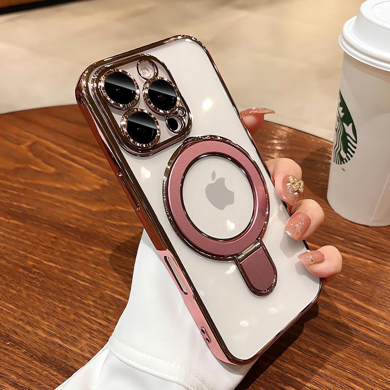 Transparent Plating For Magsefa Case For iPhone 16 15 14 13 12 11 Pro Max 14 15 16 Plus Wireless Charging Ring Stand Phone Cover
