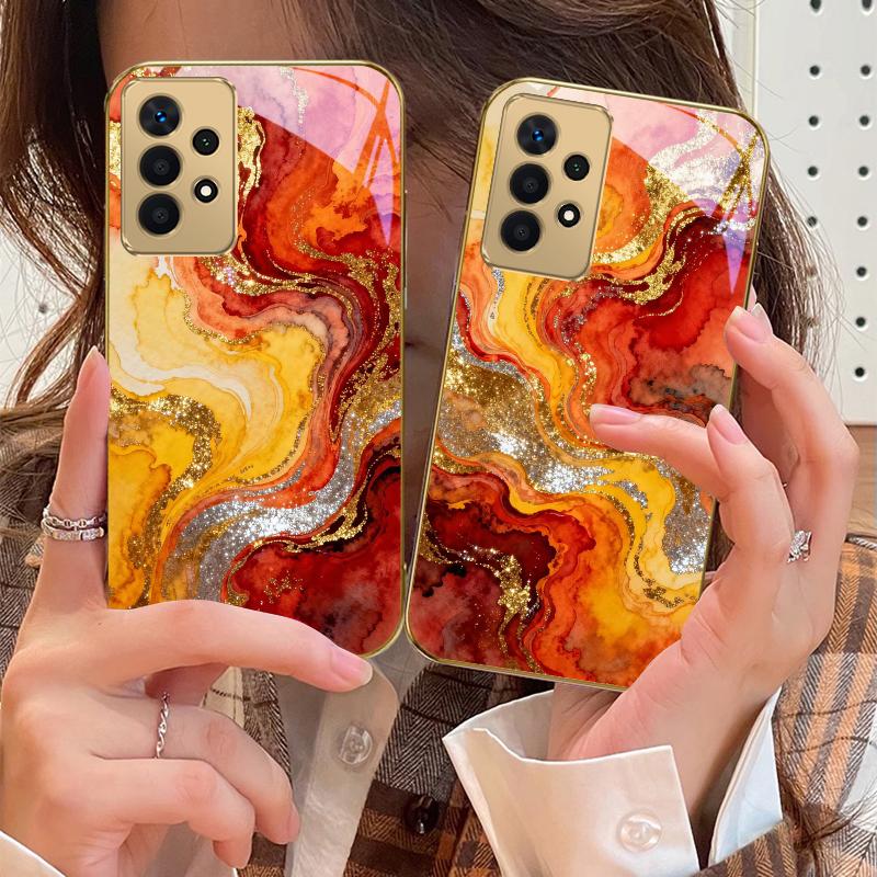 Golden Starry Light For Samsung A 01 52S A04 A05S A10 A12 13 22 23 24 36 42 M02 Note 10 20Ultra 8 9 Golden Glass Phone Case
