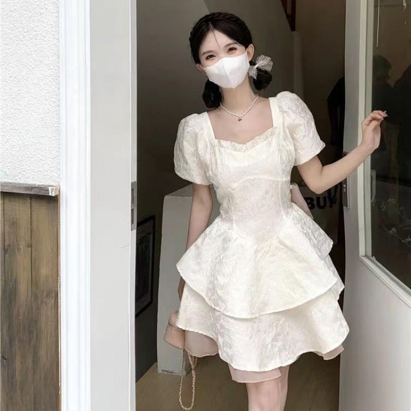 Womens Gradient Color Bow Detail Puff Sleeve Sweet Princess Dress Short High Waist A-Line Mini Teen Girls Students