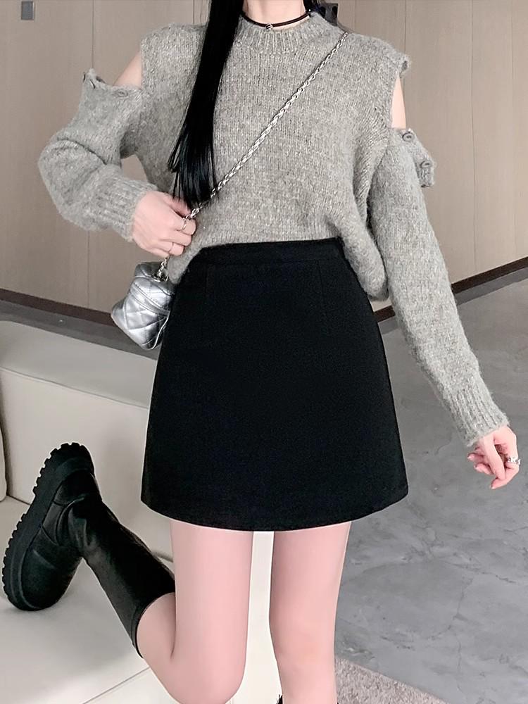 Women's High Waist Black Wool Mini Skirt - A-line, Plus Size, Hip-hugging, Versatile for Autumn/Winter 2025.