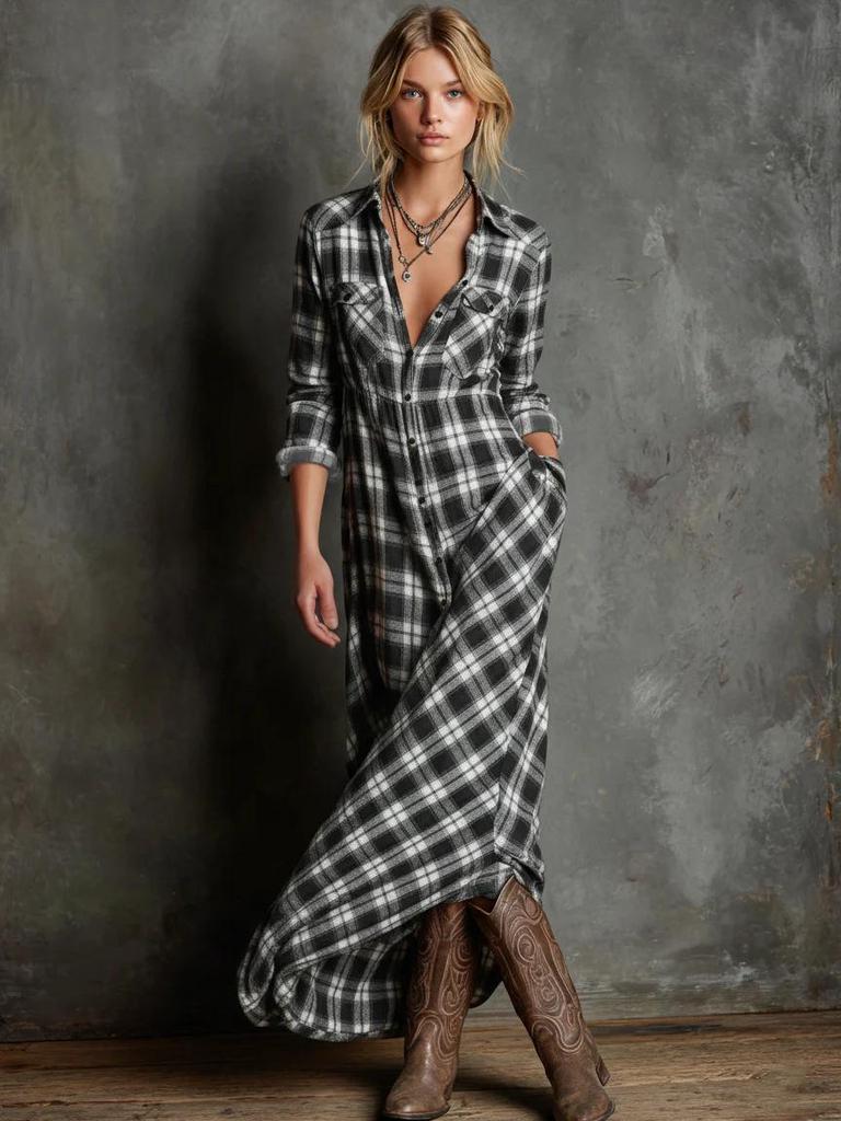 Elegant Plaid Long-Sleeve Shirt Dress - 2025 Fashion for Women