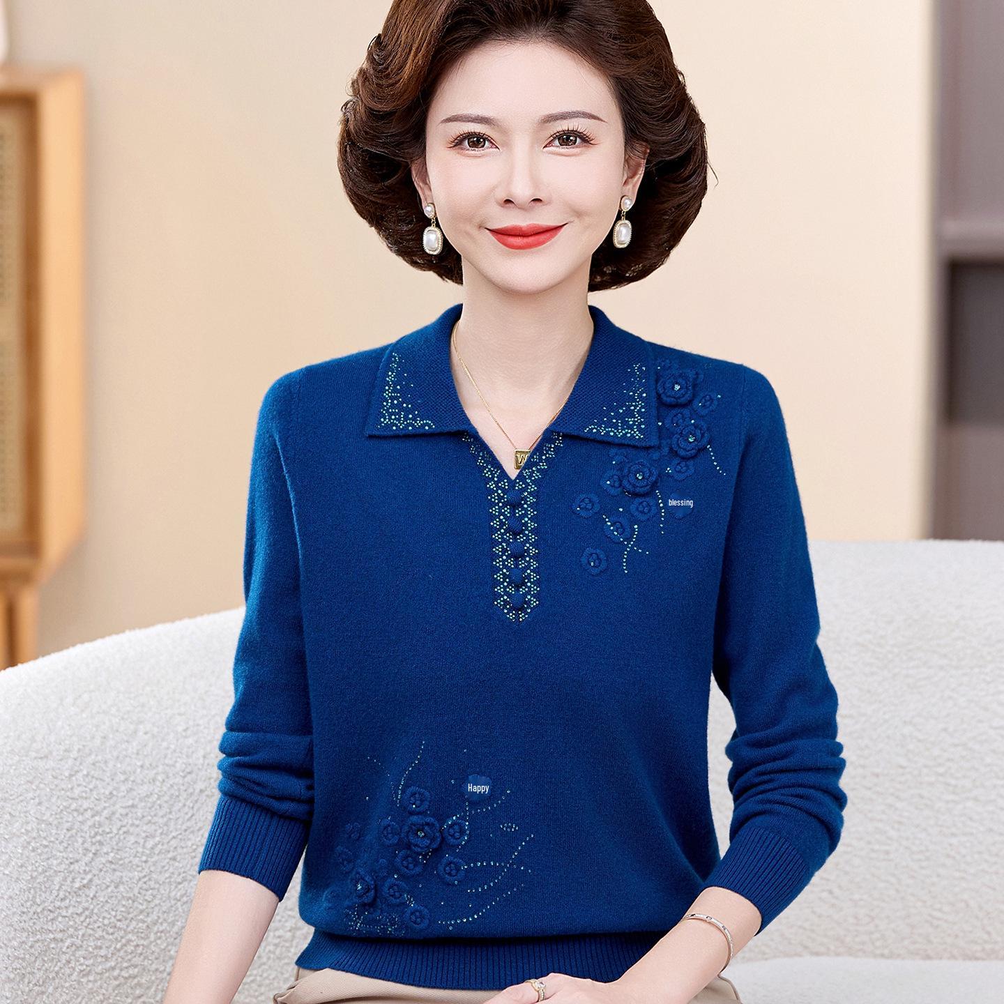 

Women s 100% Pure Wool Embroidered Sweater, Autumn/Winter, Middle-Aged & Elderly, Large Size, Wide Lapel, Purple. 2XL (suggested 125-135 jin) темно-синього кольору