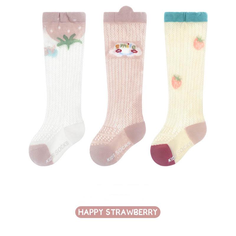 3Pairs/Lot Newborn Girls Long Mesh Socks Cool Thin Children Cotton Over Knee High Socks Summer Cartoon Print Non-slip Socks Pack
