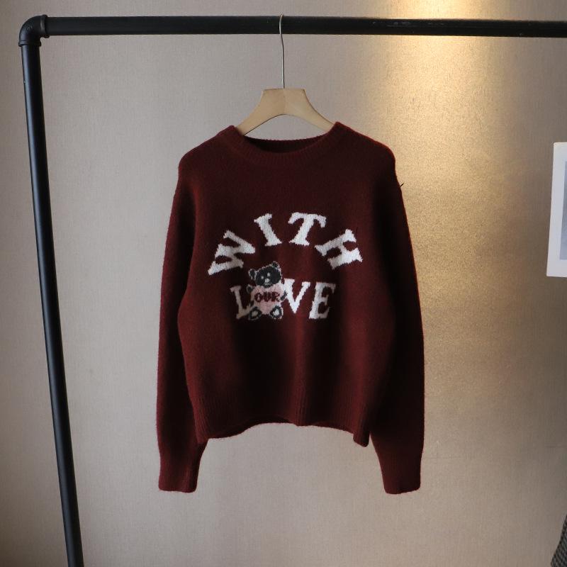 

Зимний корейский свитер для женщин с круглым вырезом и милым медведем One Size красный