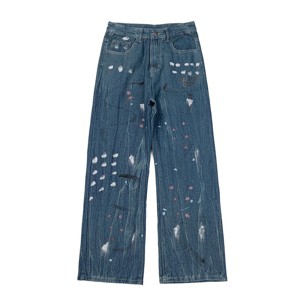 American Streetwear Splashed Ink Patchwork Baggy Jeans Men Women Clothing Tie Dye Trendy Pants Straight Slim Micro-flard Pants