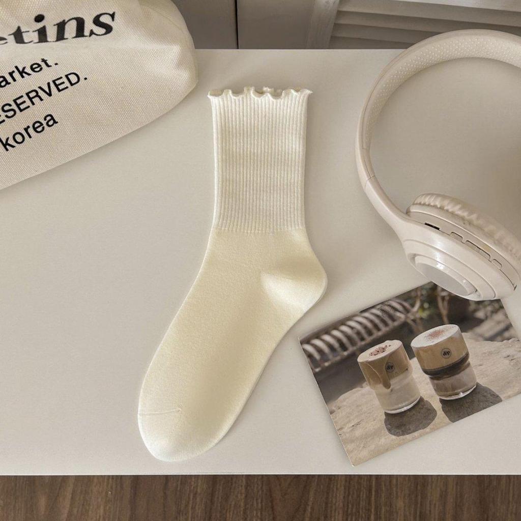 Ruffled Polka Dot Women's Crew Socks – Ins Trendy Japanese Ballet Sweet Style, Spring/Summer Solid Color