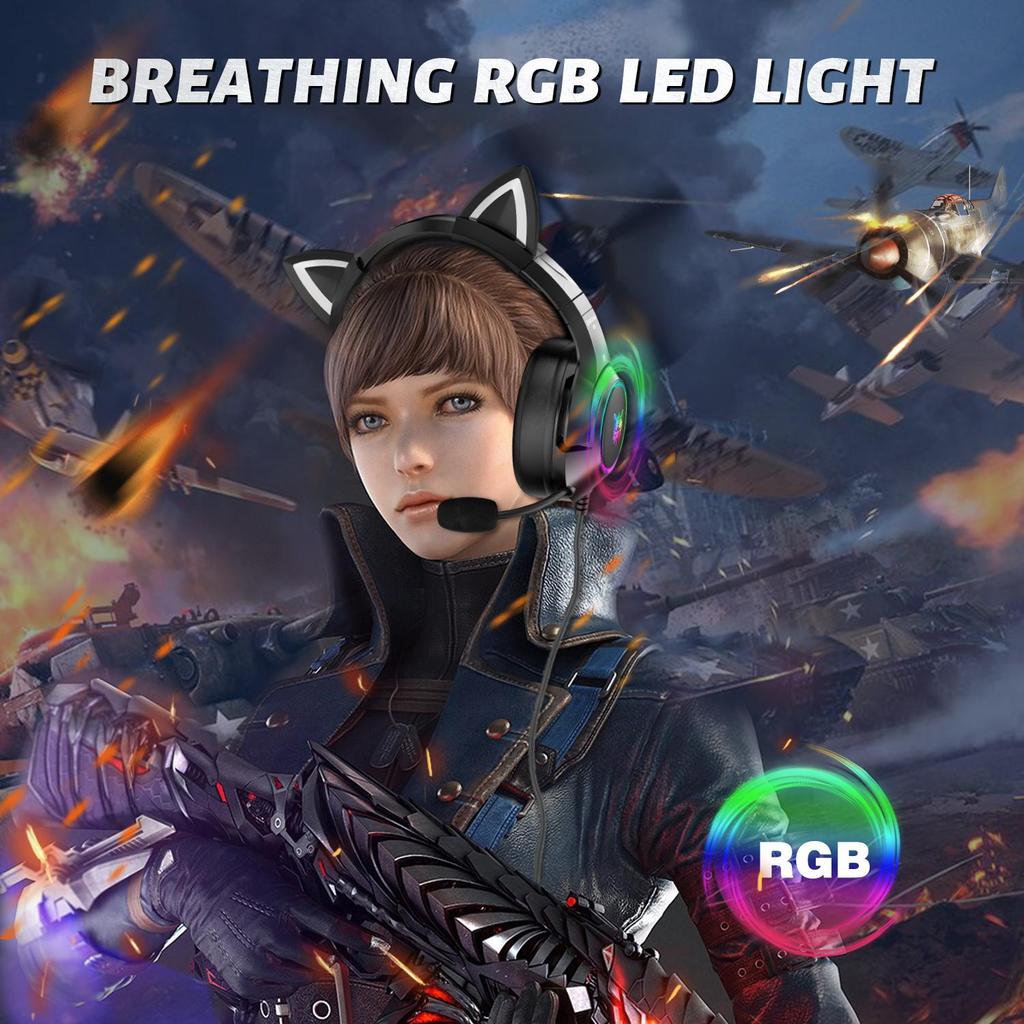 K9 Gaming Headset, Wired Over-Ear Headphones with Detachable Cat Ears, Noise Cancelling Microphone, RGB Backlight, Surround Sound for PC PS5 PS5 Xbox