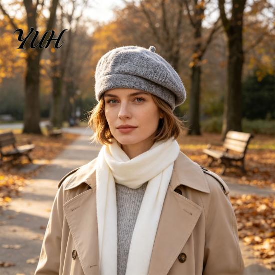 Outdoor Shopping Headgear Knitted Beret Hat for Women, Winter Warm Painter Cap, Fleece Lined, Cozy Solid Color Artist Cold Weather Weekend Leisure
