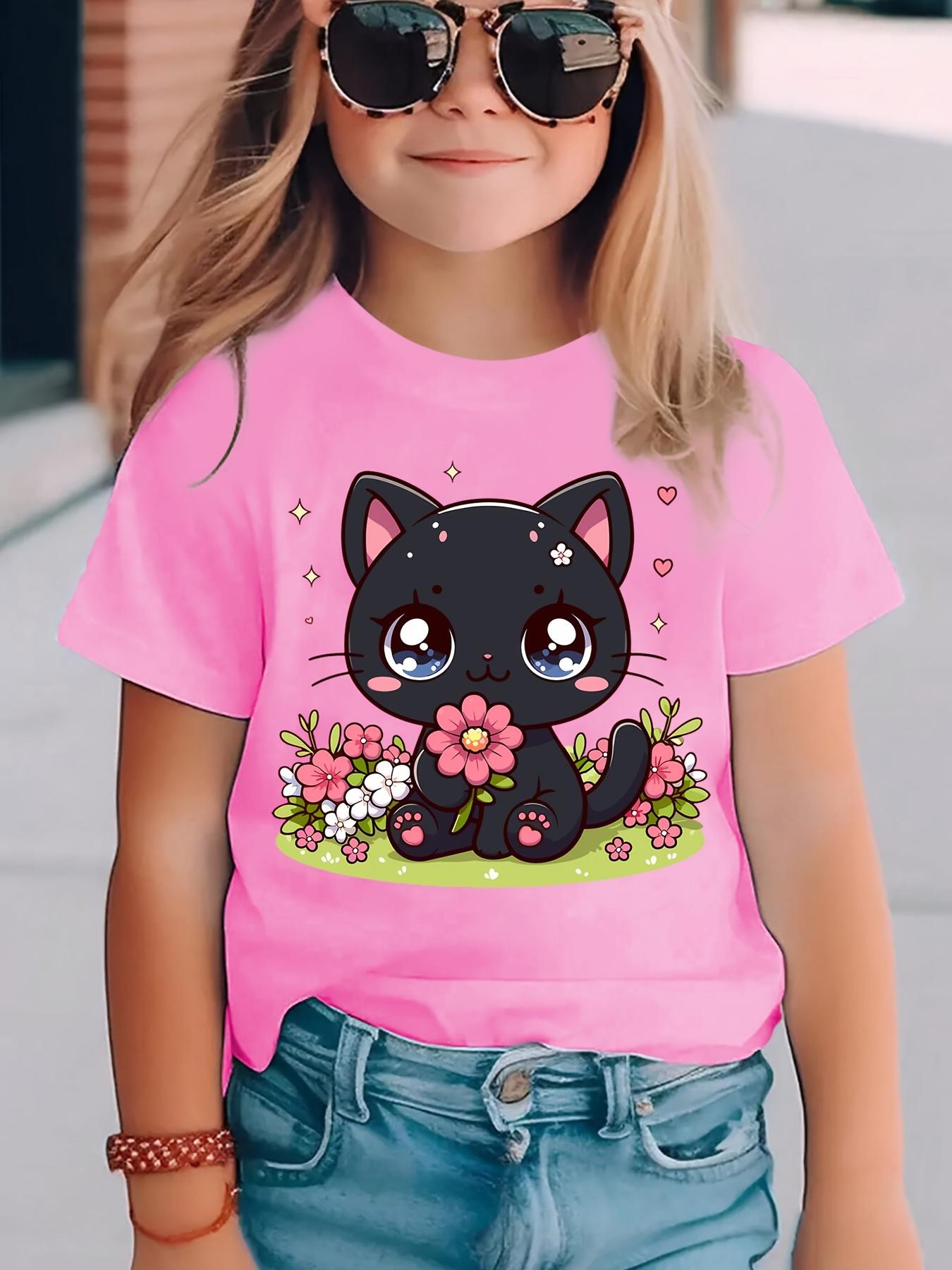 Summer Fashion Girls Short Sleeve T-Shirt Cat Cartoon Pattern Print Casual Top 100