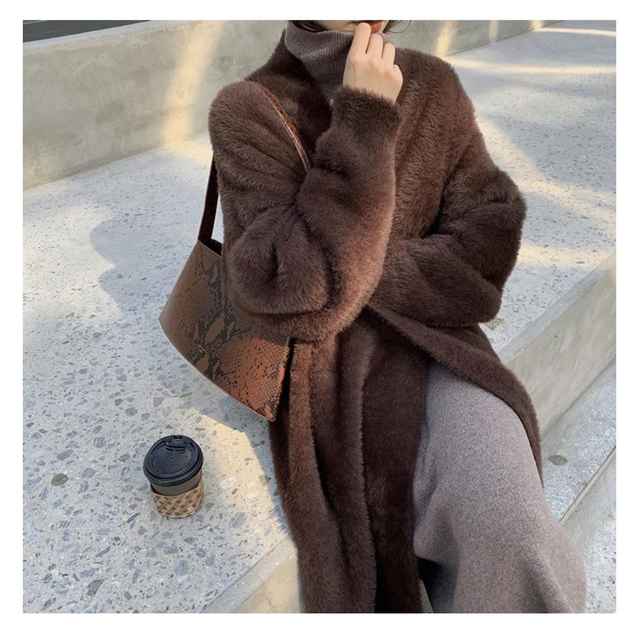 Autumn Loose Over-Knee Long Sleeve Thick Velvet Knit Cardigan Sweater for Women