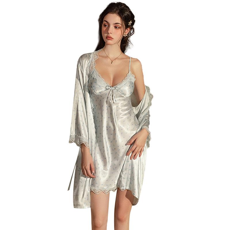 Sexy women's pajamas premium pure lace suspender nightdress with chest pad long-sleeved loungewear set