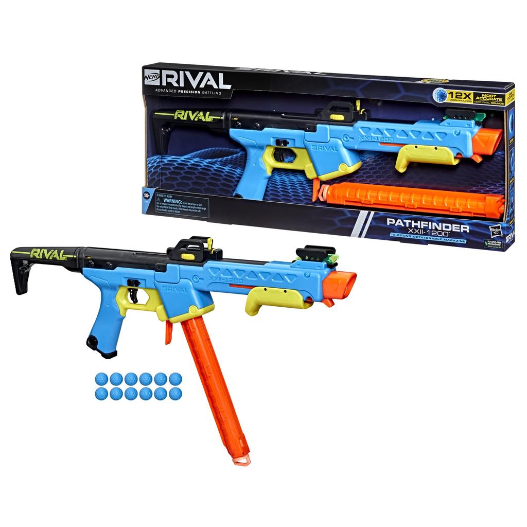 Lançador NERF RIVAL Pathfinder Sistema Rival Mais Preciso Mira Ajustável Carregador 12 Rival XXII-1200 12 Dardos Accu-Rounds