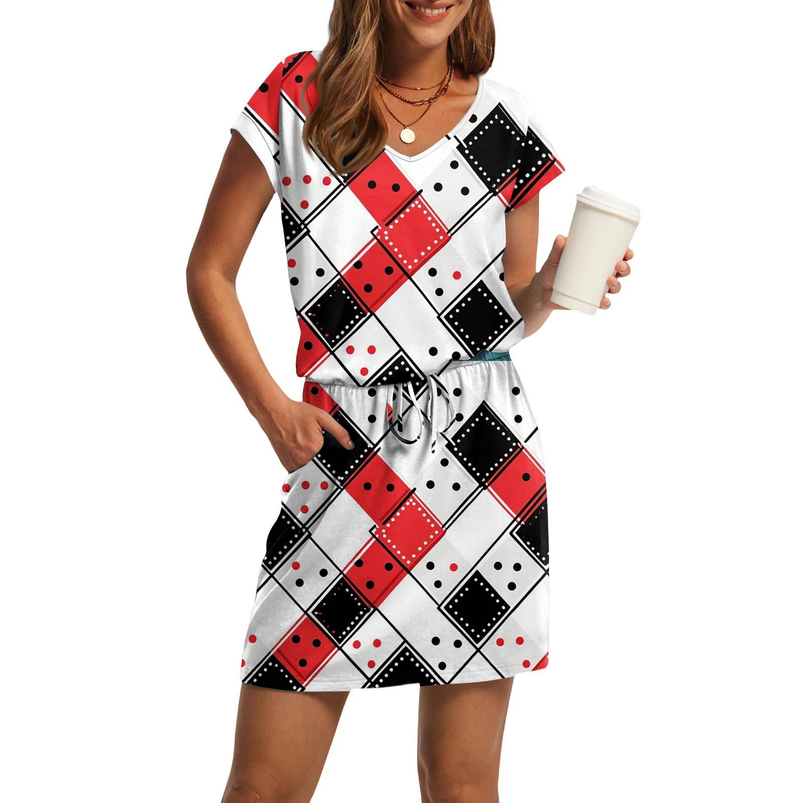 

Женские модные повседневные платья с V-образным вырезом и коротким рукавом, на завязках и карманах с принтом M красный