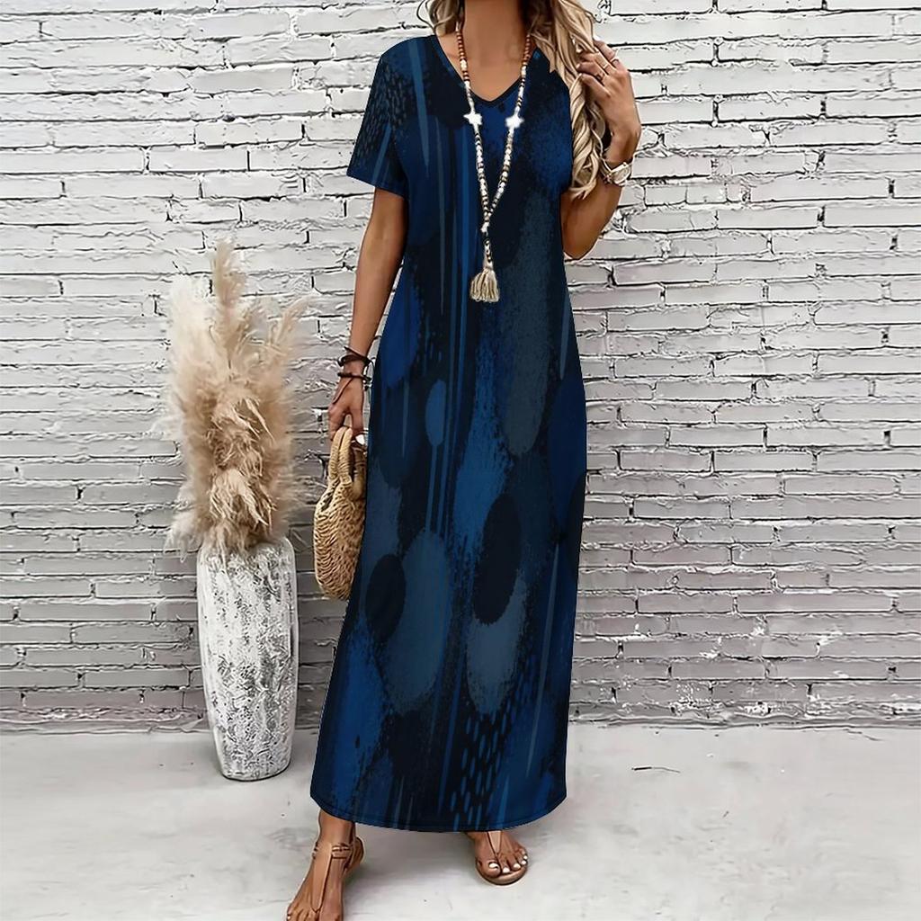 Women Plus Size V Neck Short Sleeve Printed Casual Straight Long Dress
