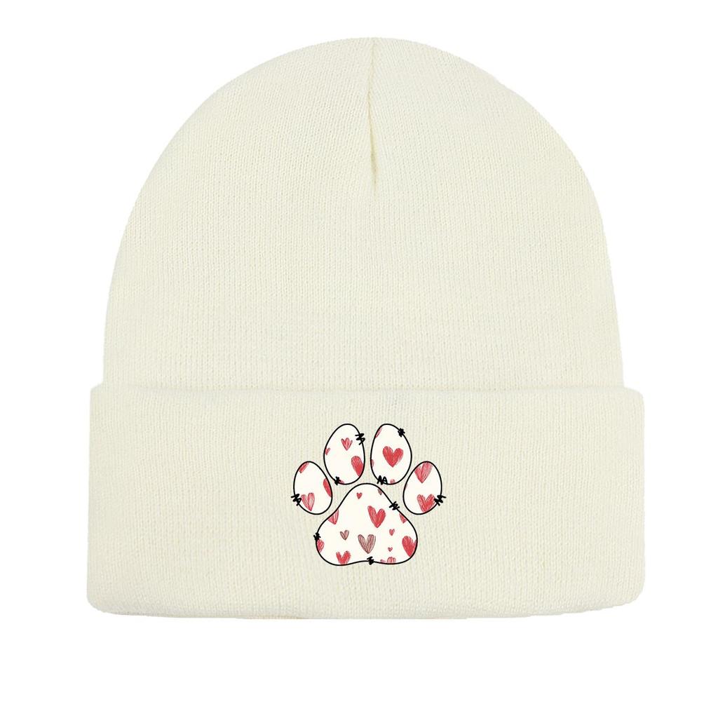 Dog Cat Paw Print Heart Knit Hat Beanie, Valentine's Day "XOXO LOVE KISS", Cozy Stylish Knitted Cap Beanie