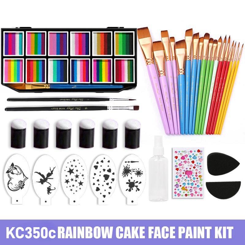 12 Farben Wasserbasierte Körperfarbe Strich Regenbogen Split Cakes Gesichtsmalerei Set mit 18 Pinseln Finger Schwamm und Schablone