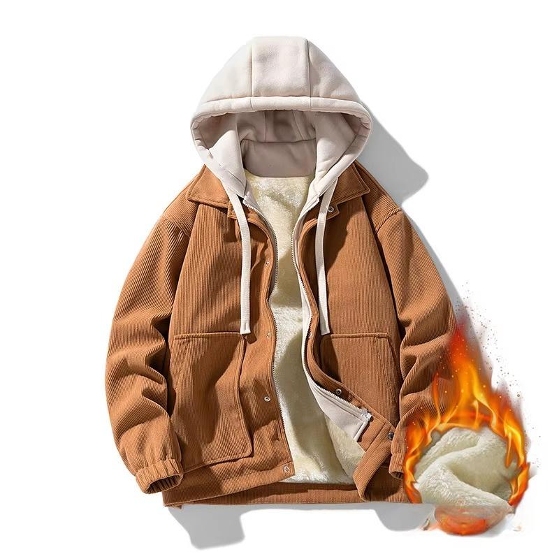 Corduroy Jacket Men's Harajuku Japanese Windproof Warm Fake Two-piece Hooded Coat Womens Casual Loose Pocket Jacket 4XL