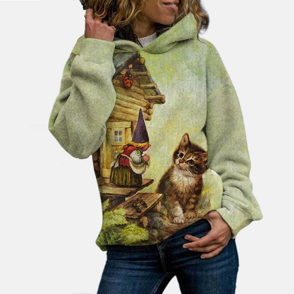 Women Fashion  Cat Print Long Sleeves Hoodie Tops Blouse Sweater