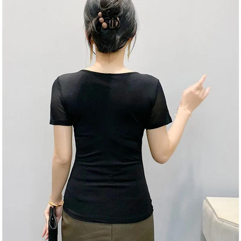 Summer Sexy V-Neck Short Sleeved Women's T-Shirt Fashion Shiny Hot Diamonds Mesh Tees Female All Match Casual Tops Blusas