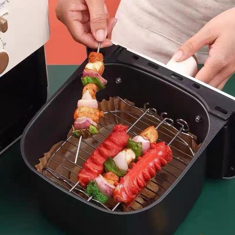 8 Inch Outdoor Grill Set with Skewers Square Air Fryer Grill Steamer Stainless Steel Barbecue Bracket BBQ Air Fryer Accessories