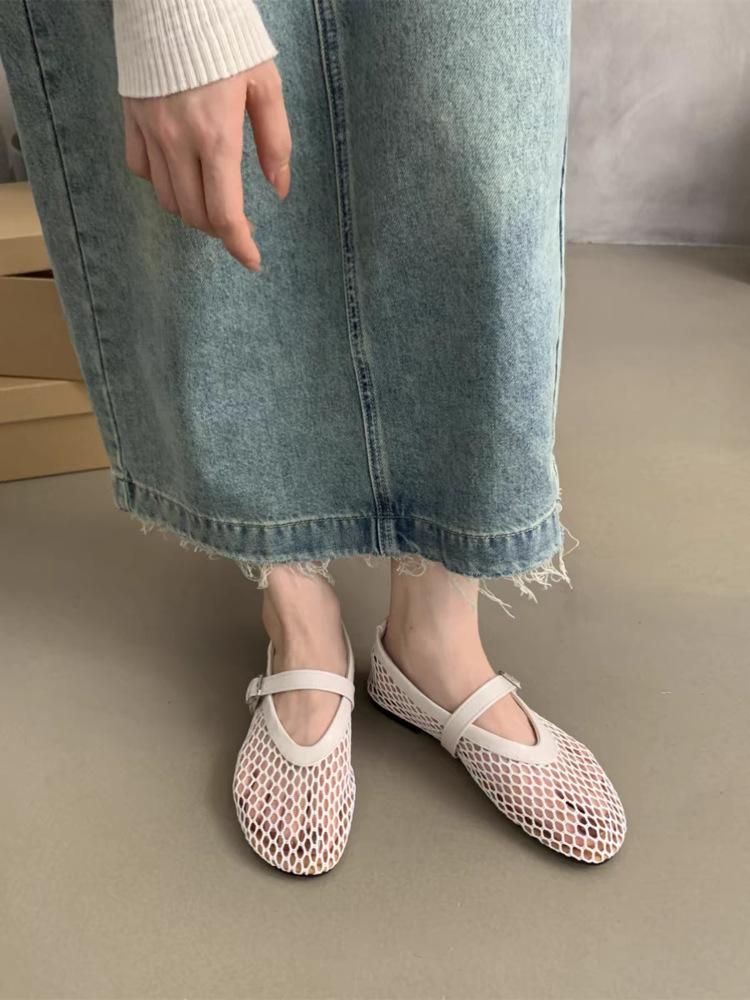 New Round Headed Mesh Hollowed Out Women's Shoes with One Button Mary Jane Ballet Flat Shoes Fishing Net Shoes