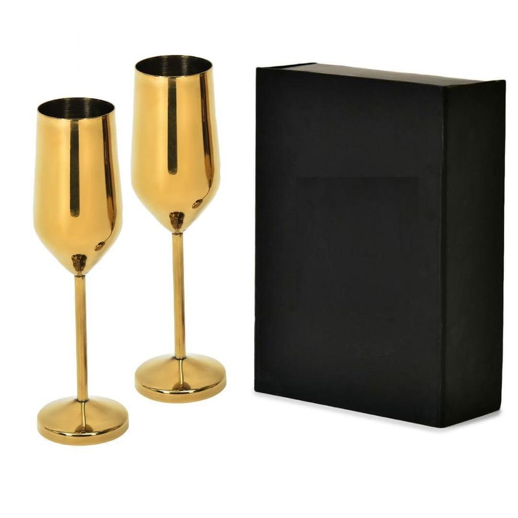Glass Set of 2-200ml | Stainless Steel Wine Flutes Glasses | Bar Accessories Non-Toxic & Anti-Tarnish Gift