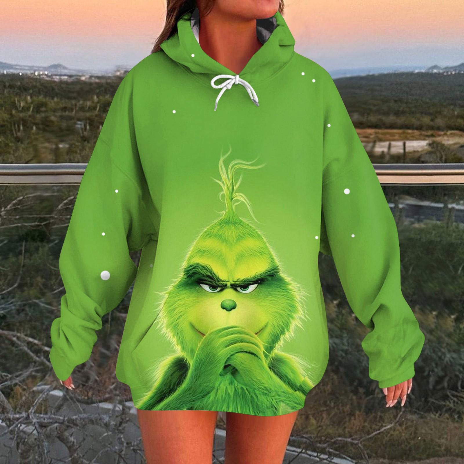 

Жіночий модний пуловер з довгими рукавами та світшот з різдвяним принтом і капюшоном S зелений