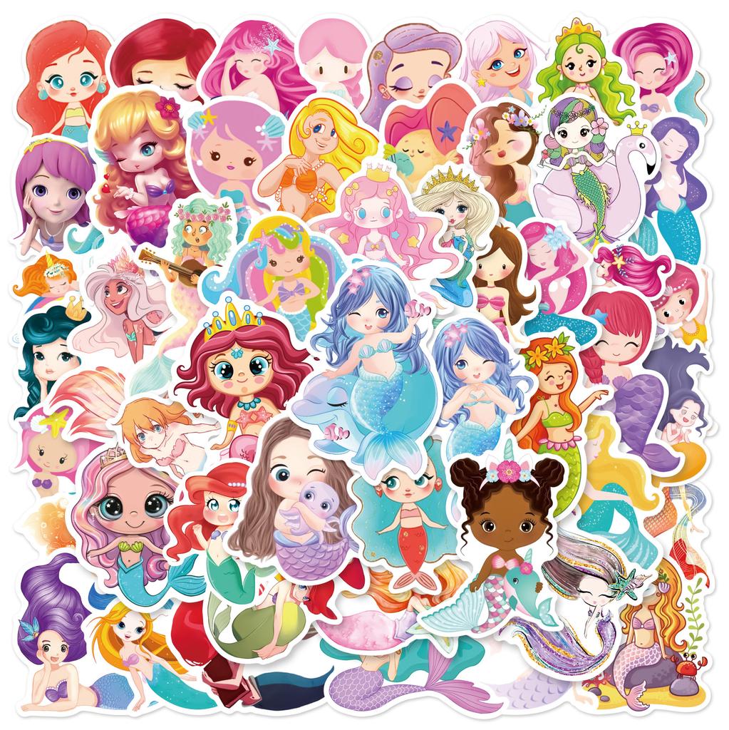 50pcs Cute Mermaid Graffiti Sticker Party Decoration Bicycle Cup Helmet Flat Cartoon Waterproof Stickers