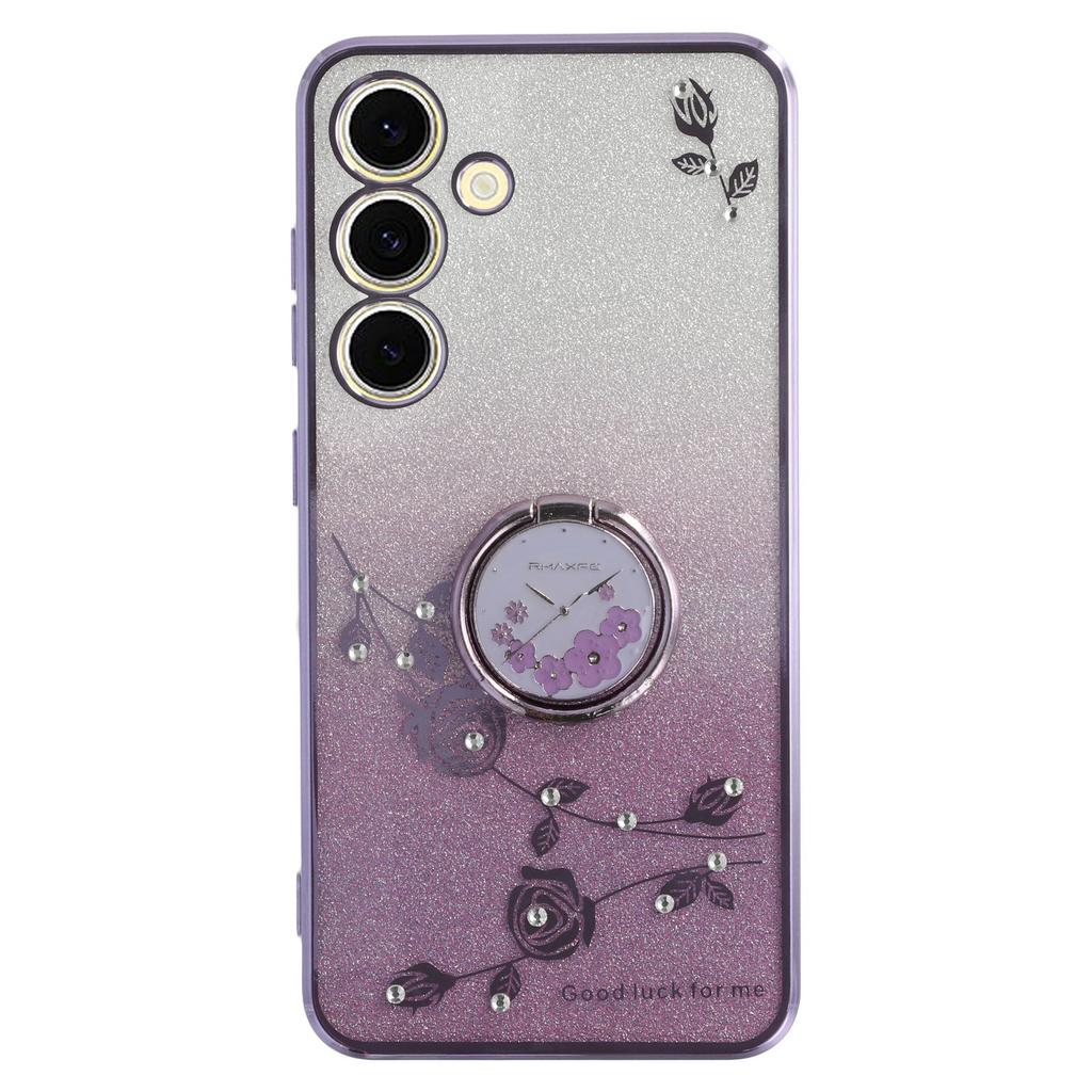 KADEM For Samsung Galaxy S24 FE Case Ring Kickstand TPU Flowers Phone Cover Gradient Glitter