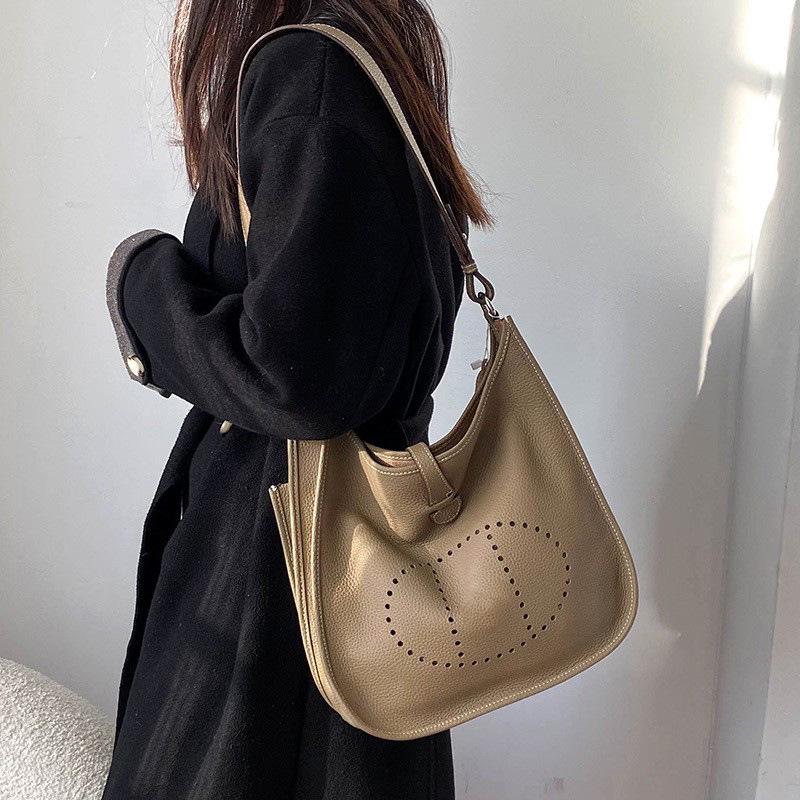 Genuine Leather Evelyn Crossbody Tote - Women's Cowhide Bag with Wide Shoulder Strap