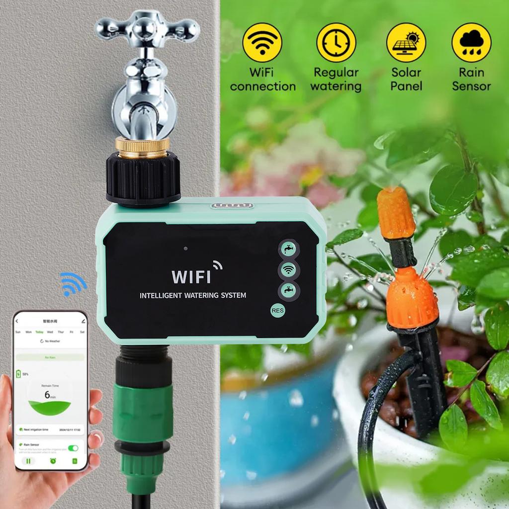 Sprinkler Timer, Solar WiFi Water Timer with APP Remote Control, Rain Sensor, Adjustable Panel, Outdoor Automatic
