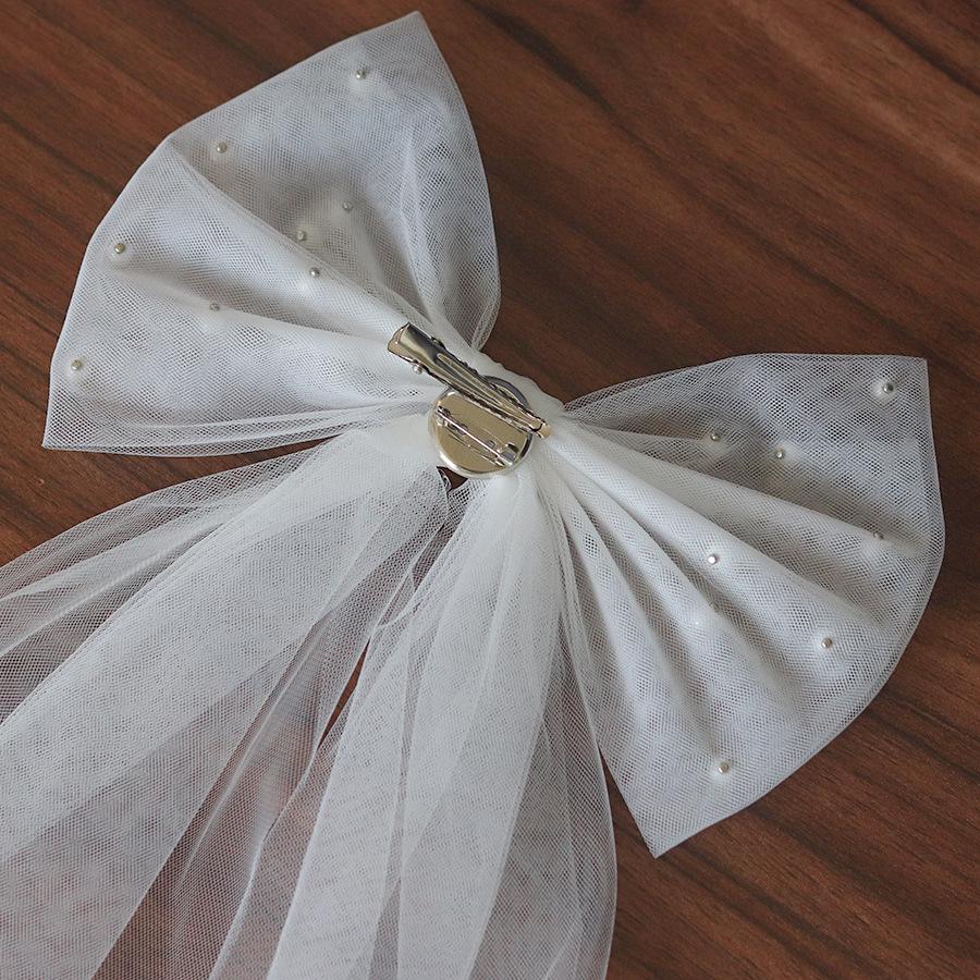 Double-Layer Pearl Bow Veil Hair Clip for Engagements & Weddings