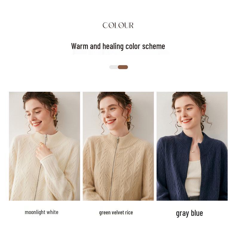 Women's Cashmere Zipper Stand Collar Cardigan - Thick, Loose, Slimming Knit Sweater Coat for Autumn & Winter