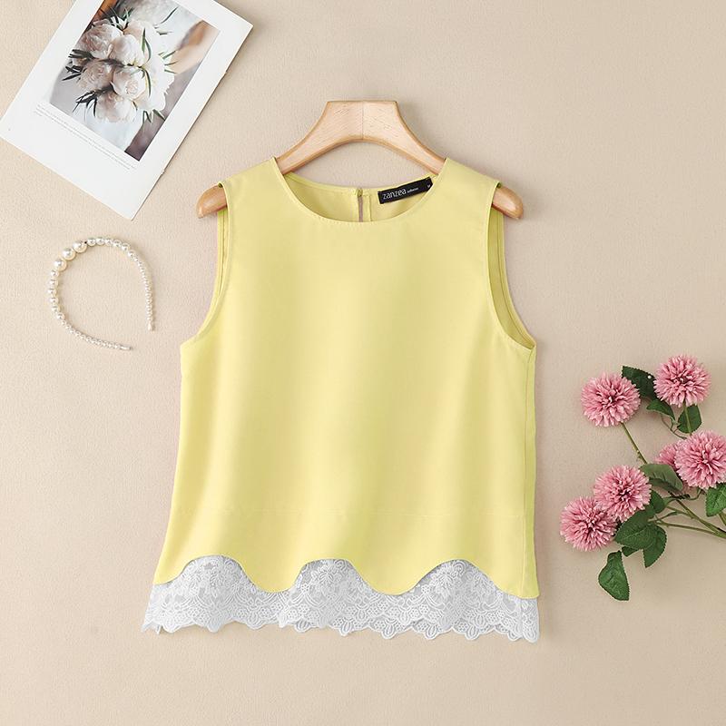 

ZANZEA Women Lace Splice Summer Casual Round Neck Sleeveless Tank Tops 5XL жёлтый