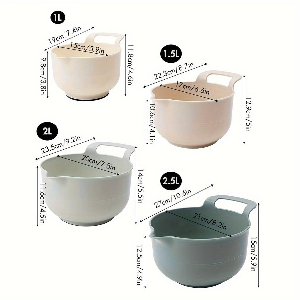 4pcs Plastic Mixing Bowls Set, Non-Slip Salad Bowl, Baking Prep Bowls, Multi-purpose Rinse Bowls, Kitchen Essentials, Various Sizes