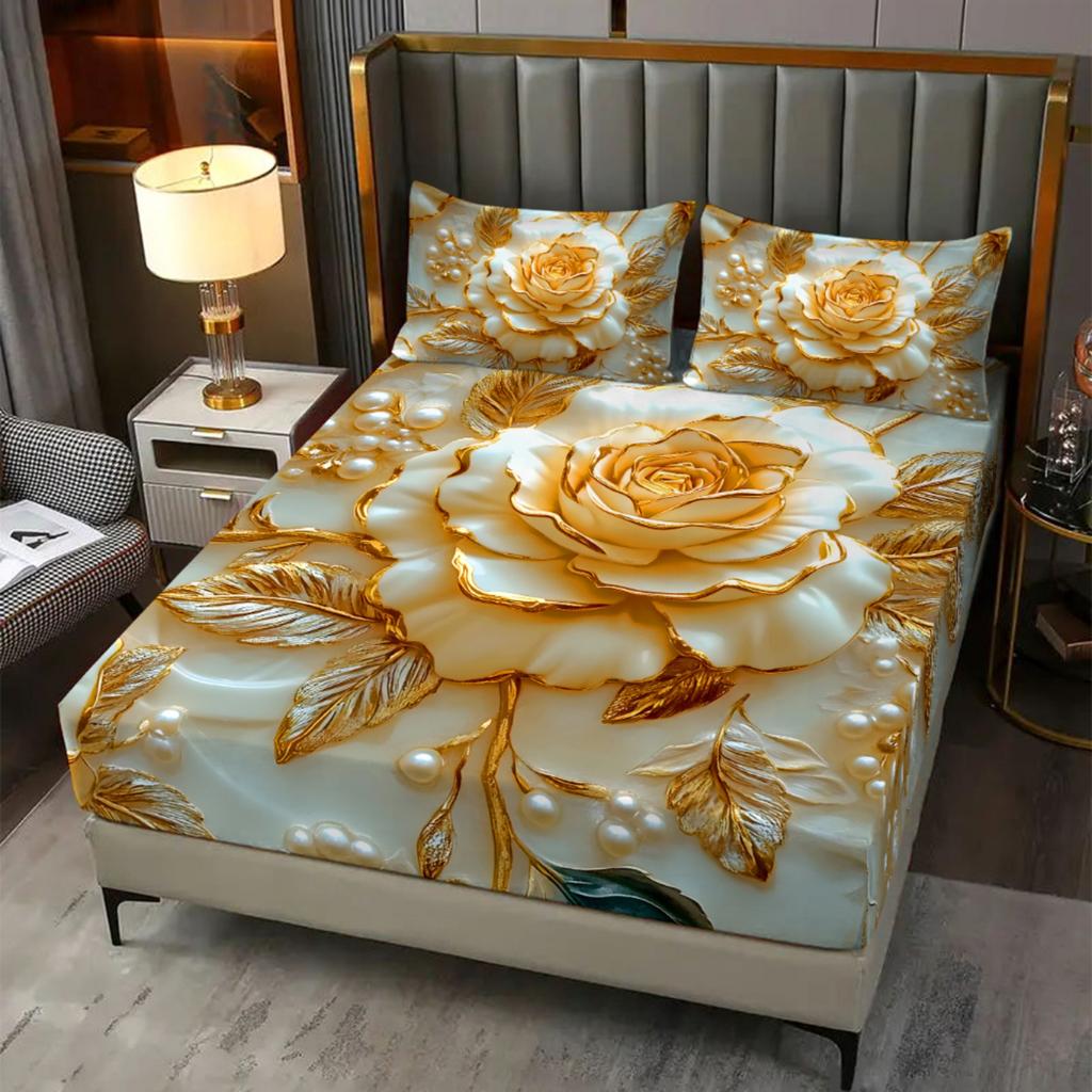 Luxury Golden Rose Fitted Sheet Set 3D Print Pearl Floral Bedding Set Soft Breathable Microfiber Fabric For Women Bedroom Decor