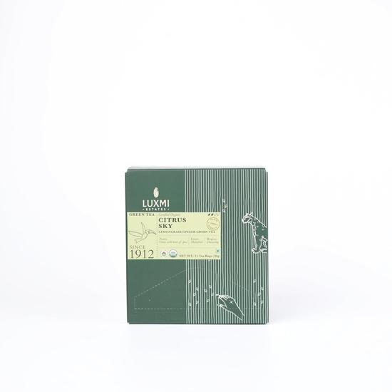 LUXMI Estates Citrus Sky Lemongrass Ginger Green Tea - 15 Tea Bags (30 Gram) Pack|Certified Organic Darjeeling Green Tea