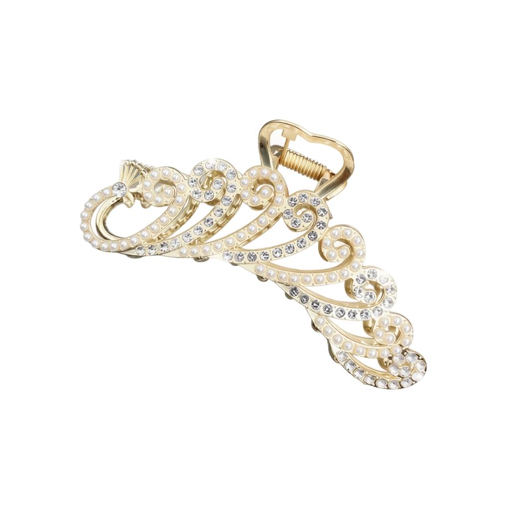 Large Metal Hair Claw Clip with Floral Design Pearl and Rhinestone Accents Tassel Hairpin for Updo Styling and Secure Hold