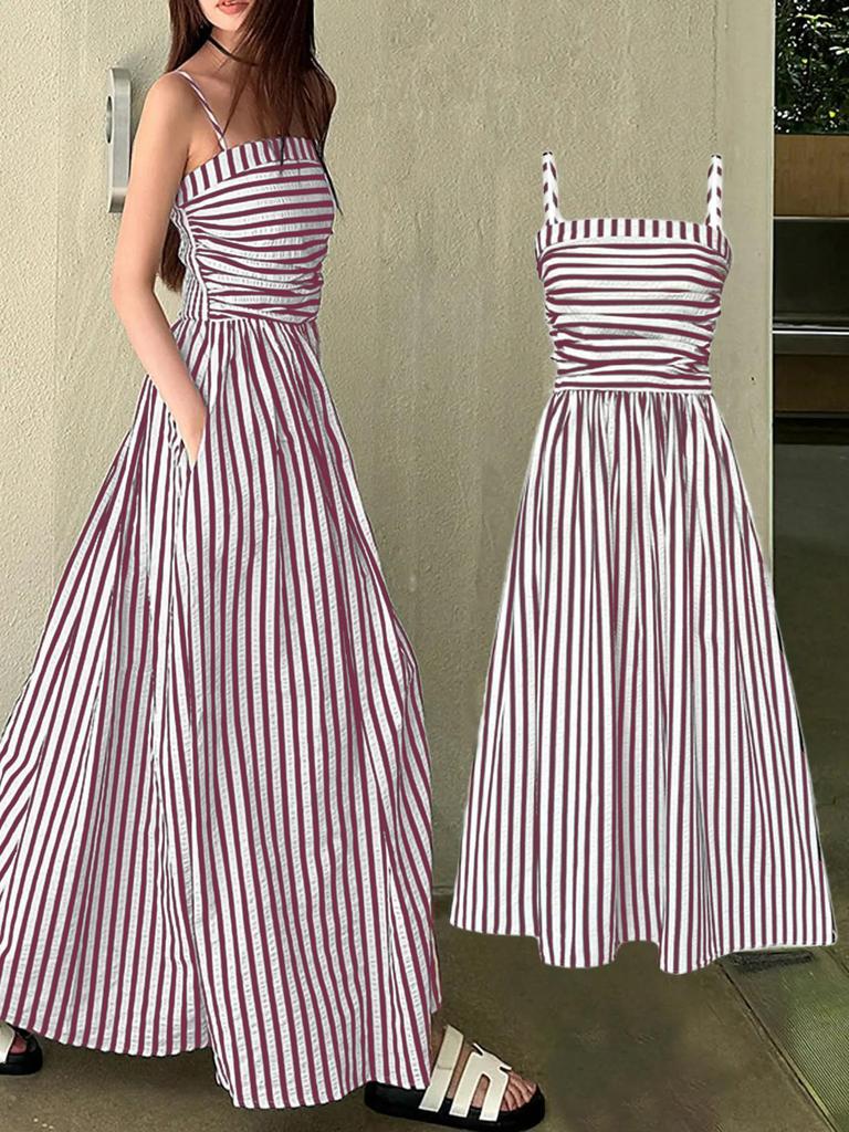 Women Black and White Striped Strappy Maxi Dress