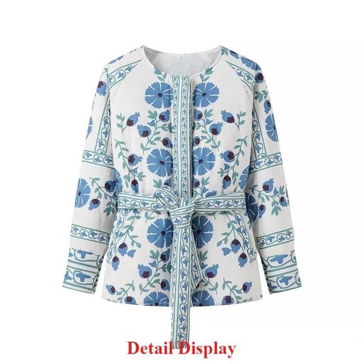 Elegant Women Cotton Jacket Floral Print Belted Coat Autumn Winter Fashion Long Sleeves Single Breasted O Neck Streetwear New Lady Outerwear