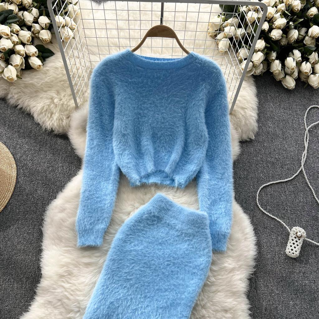 Autumn And Winter Plush Waist Short Section Knitted Sweater Plus High-Waisted Half-Body Skirt Temperament Two-Piece Suit Woman