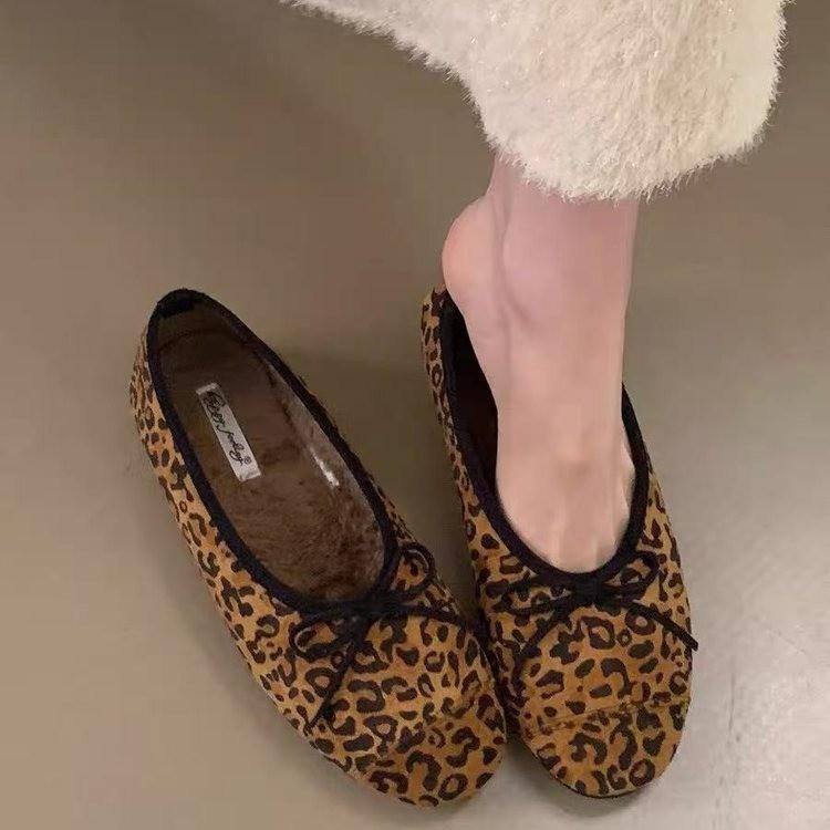 French Gentle Bow With Plush Shoes, New Autumn And Winter Fairy-Style Shallow Ballet Shoes, Grandma Shoes