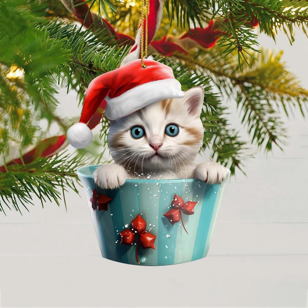 Cartoon Christmas Cup Cat Pendant Acrylic Cat Rearview Mirrors Pendant for Car Xmas Tree Bag
