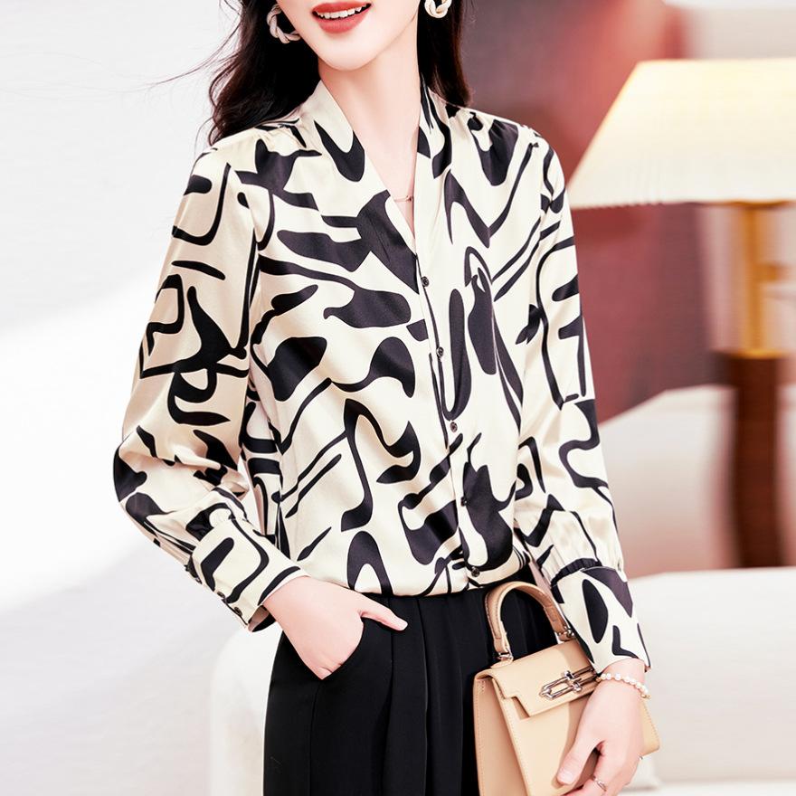 Silk shirt women's long sleeves spring and summer new large size loose printing mulberry silk top shirt