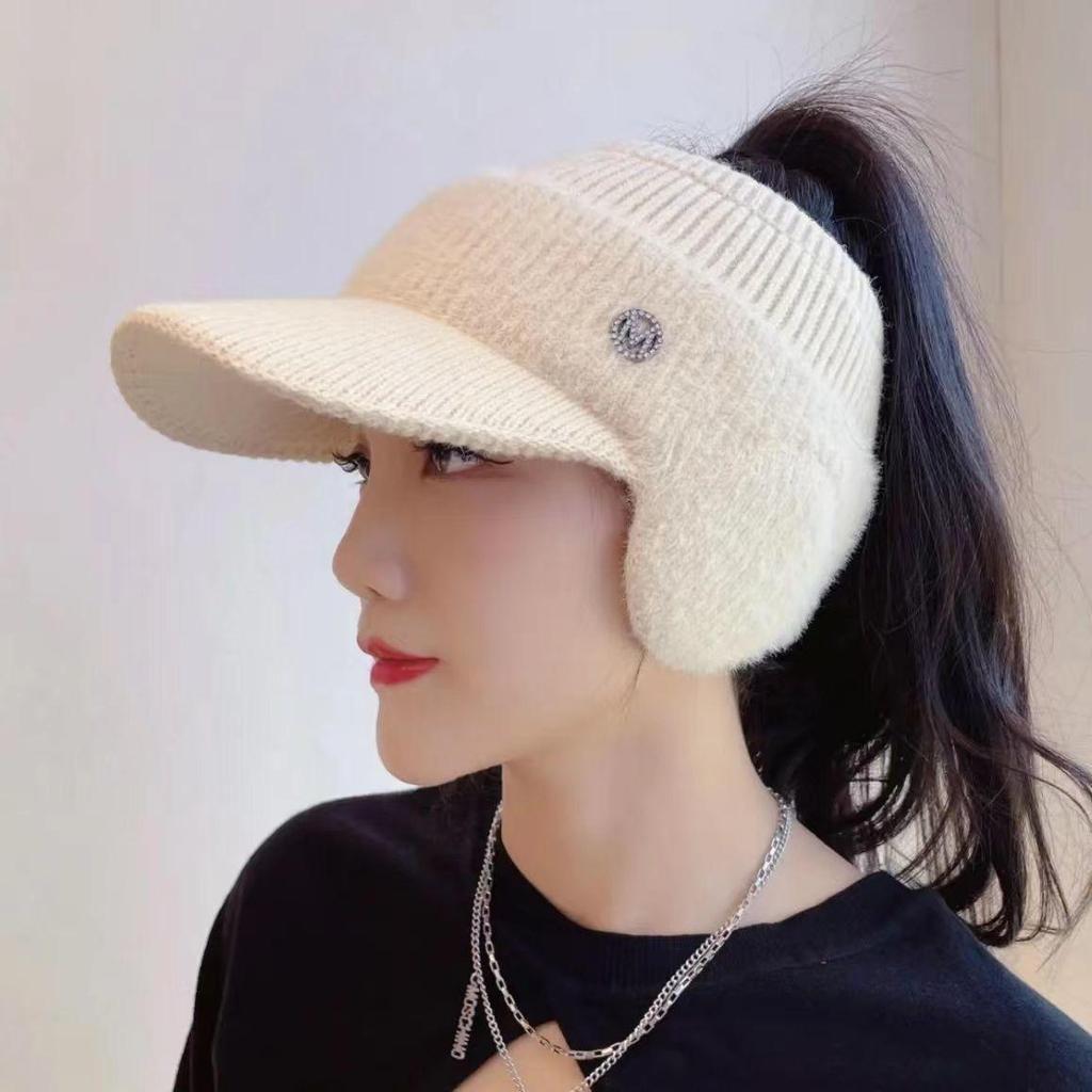 Casquette de baseball en tricot à bec de canard pour femme - Printemps, automne, hiver - Chapeau cache-oreilles chaud creux de style coréen