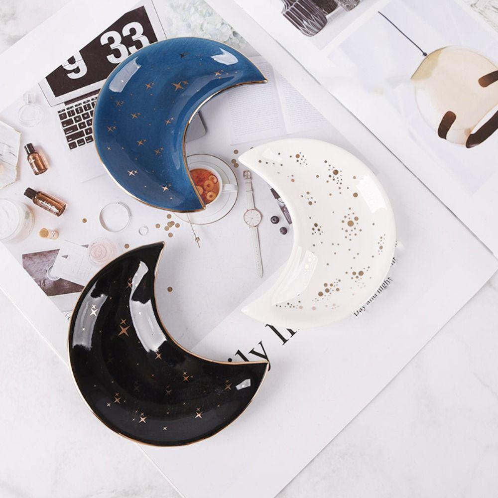 Ceramic Moon Shape Jewelry Dish Minimalist Key Storage Holder Desktop Ornaments