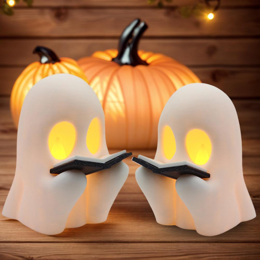 Halloween Ghost Decor Cute LED Resin Ghost Figurine with Pumpkin Basket Glow in Dark for Home Office Party Halloween Decoration