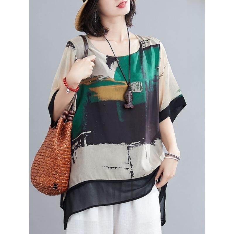 DIMANAF 2025 Summer Short Plus Size T-Shirt Women Short Sleeve Loose Chiffon Printing Shirts