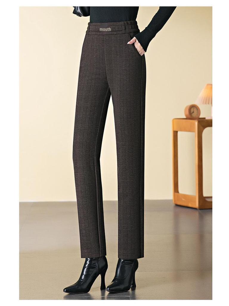 Women's High-Waisted Plaid Acetate Wool Pants - Plus Velvet, Thickened for Warmth, Autumn/Winter Style, Ideal for Middle-Aged Moms